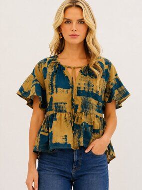 Entro Boho Flutter Sleeve Peplum Top Mustard Blue NWT Small